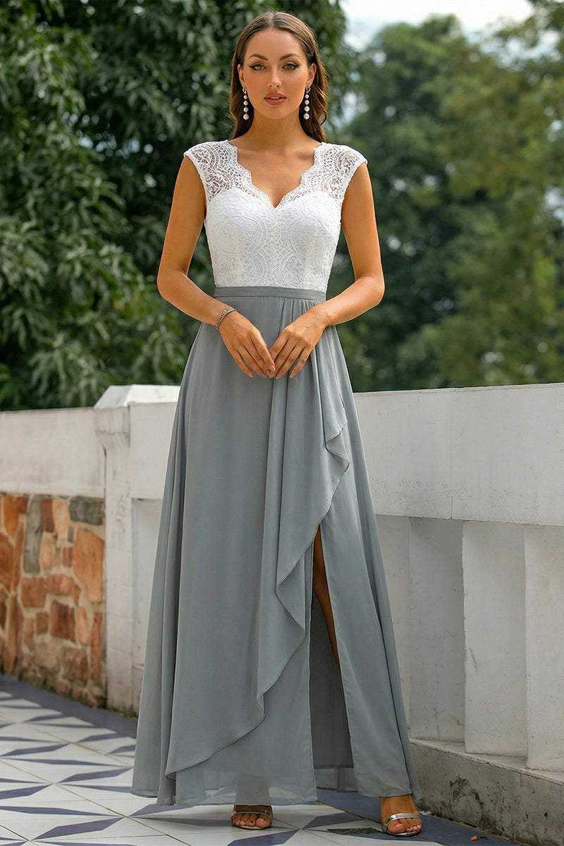 Laden Sie das Bild in den Galerie-Viewer, Graues V-Ausschnitt Langes Hochzeitsgast Kleid mit Beinschlitz
