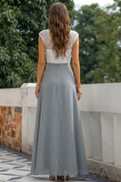 Laden Sie das Bild in den Galerie-Viewer, Graues V-Ausschnitt Langes Hochzeitsgast Kleid mit Beinschlitz