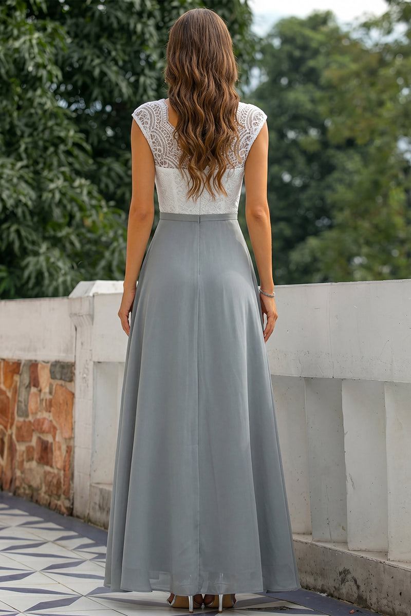 Laden Sie das Bild in den Galerie-Viewer, Graues V-Ausschnitt Langes Hochzeitsgast Kleid mit Beinschlitz