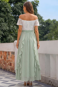 Grünes Schulterfreies Hochzeitsgast Kleid mit Rüschen