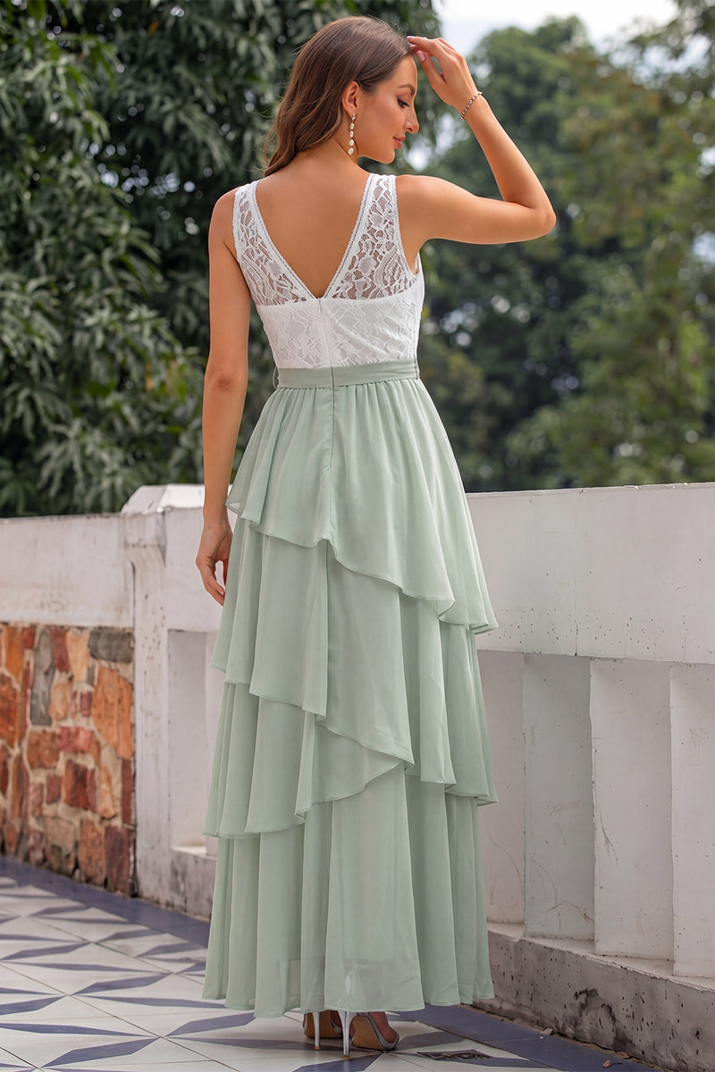 Laden Sie das Bild in den Galerie-Viewer, Grünes Langes V-Ausschnitt Hochzeitsgast Kleid