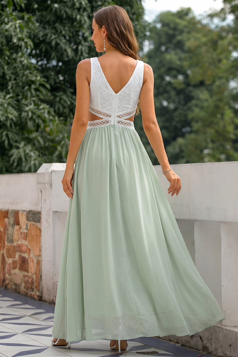 Laden Sie das Bild in den Galerie-Viewer, Grünes V-Ausschnitt Hochzeitsgast Kleid mit Beinschlitz