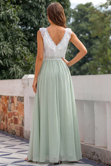 Grünes Langes V-Ausschnitt Hochzeitsgast Kleid mit Beinschlitz