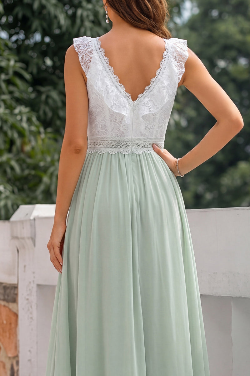 Laden Sie das Bild in den Galerie-Viewer, Grünes Langes V-Ausschnitt Hochzeitsgast Kleid mit Beinschlitz