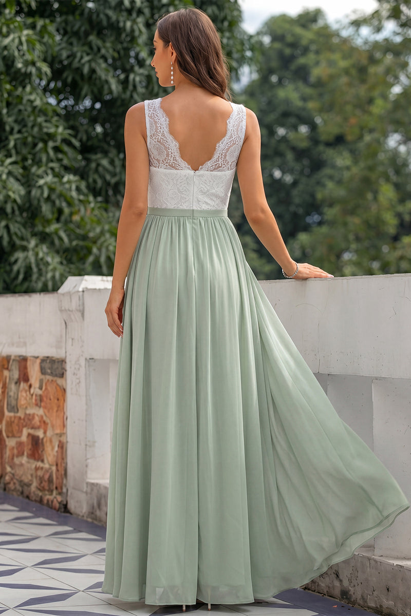Laden Sie das Bild in den Galerie-Viewer, Grünes V-Ausschnitt Langes Hochzeitgastkleid mit Beinschlitz
