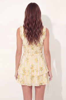 A-Line Mini-Gelbes V-Ausschnitt-Abschlusskleid mit Rüschen