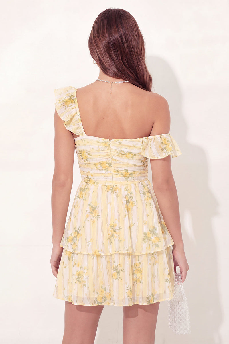 Laden Sie das Bild in den Galerie-Viewer, A-Linien gelbes, gerubbeltes Mini-Abschlusskleid mit Rüschen