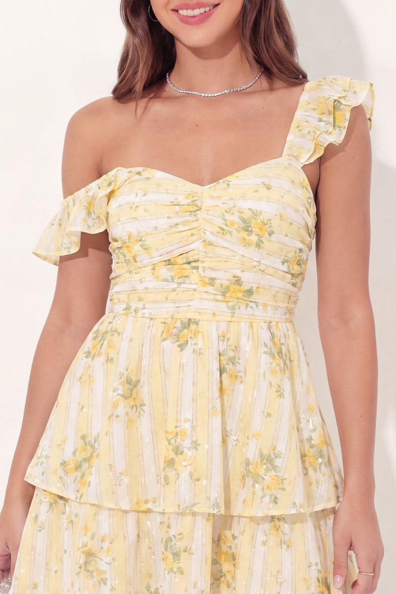 Laden Sie das Bild in den Galerie-Viewer, A-Linien gelbes, gerubbeltes Mini-Abschlusskleid mit Rüschen