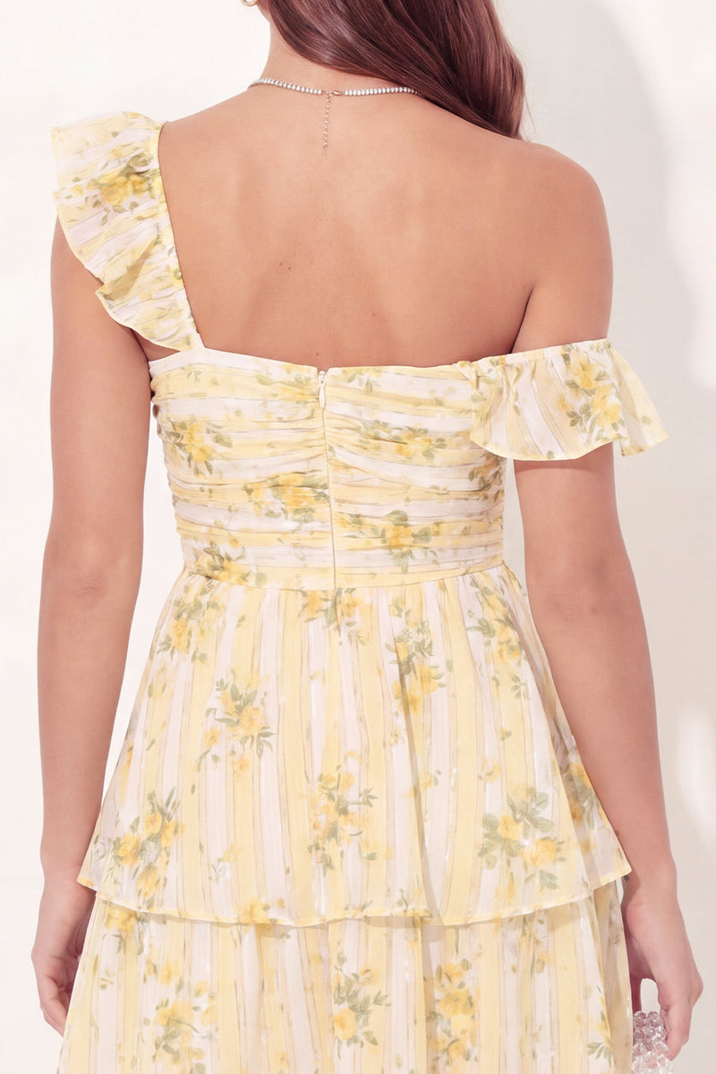 Laden Sie das Bild in den Galerie-Viewer, A-Linien gelbes, gerubbeltes Mini-Abschlusskleid mit Rüschen