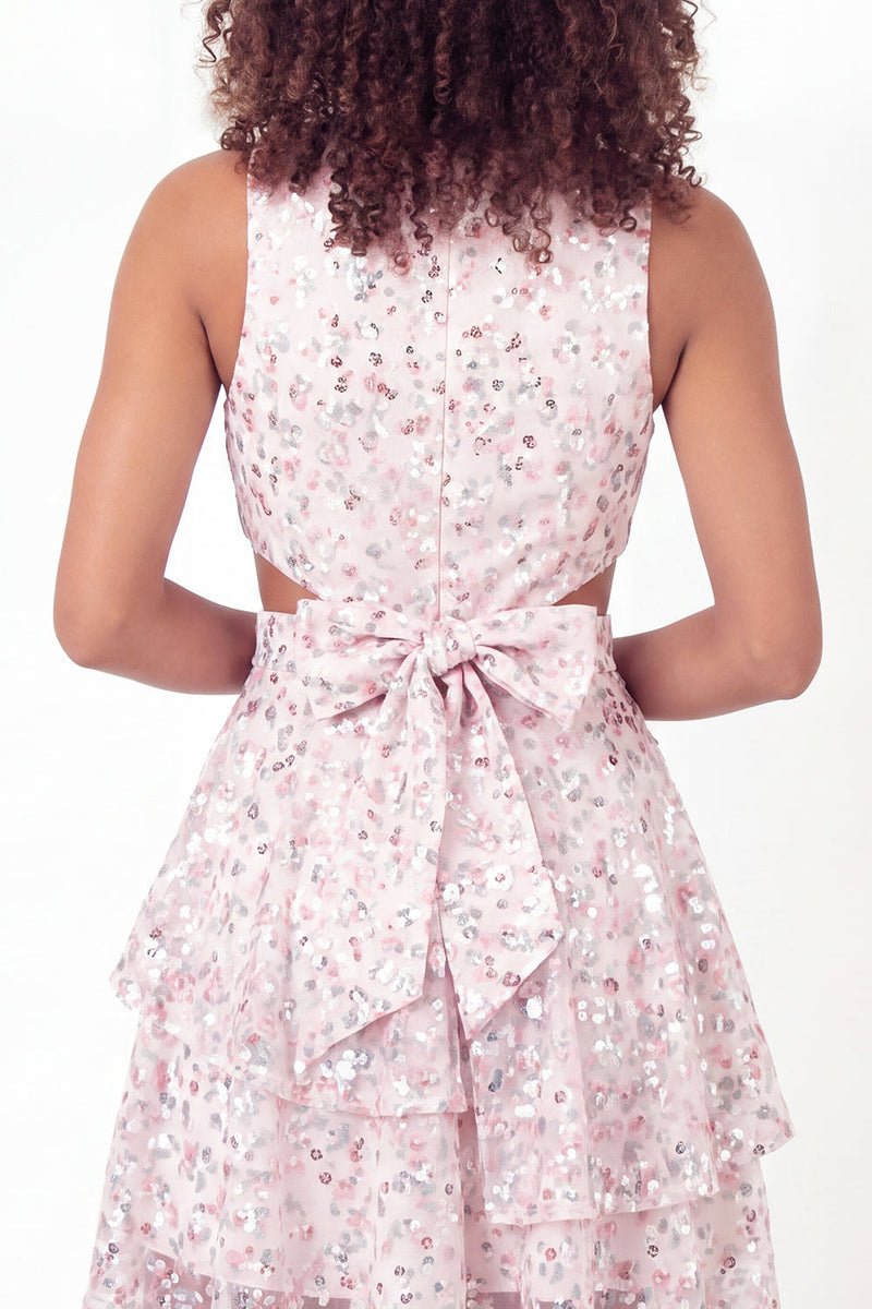 Laden Sie das Bild in den Galerie-Viewer, Glitzerndes weißes pinkes A-Linien-Pailletten-Mini-Abschlusskleid mit Schleife