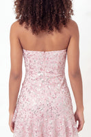Laden Sie das Bild in den Galerie-Viewer, Glitzerndes pinkes Sweetheart A-Line Pailletten-Mini-Abschlusskleid mit Rüschen