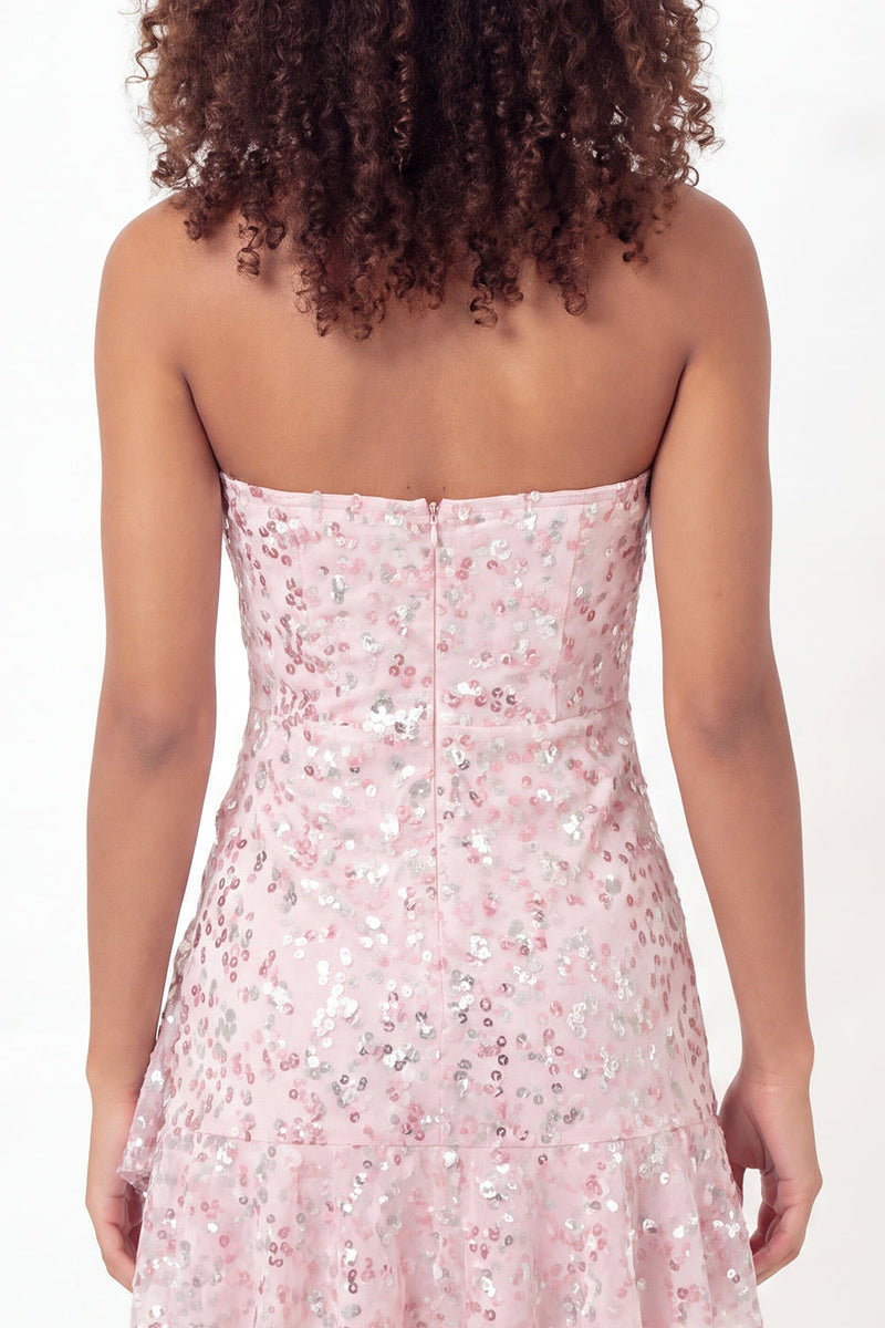 Laden Sie das Bild in den Galerie-Viewer, Glitzerndes pinkes Sweetheart A-Line Pailletten-Mini-Abschlusskleid mit Rüschen
