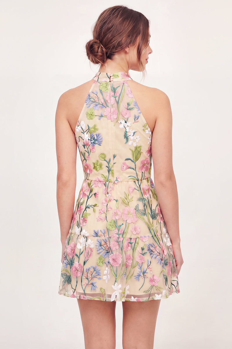 Laden Sie das Bild in den Galerie-Viewer, Gelbes Mini-Homecoming-Kleid mit Neckholderhals und Tüll, bestickt