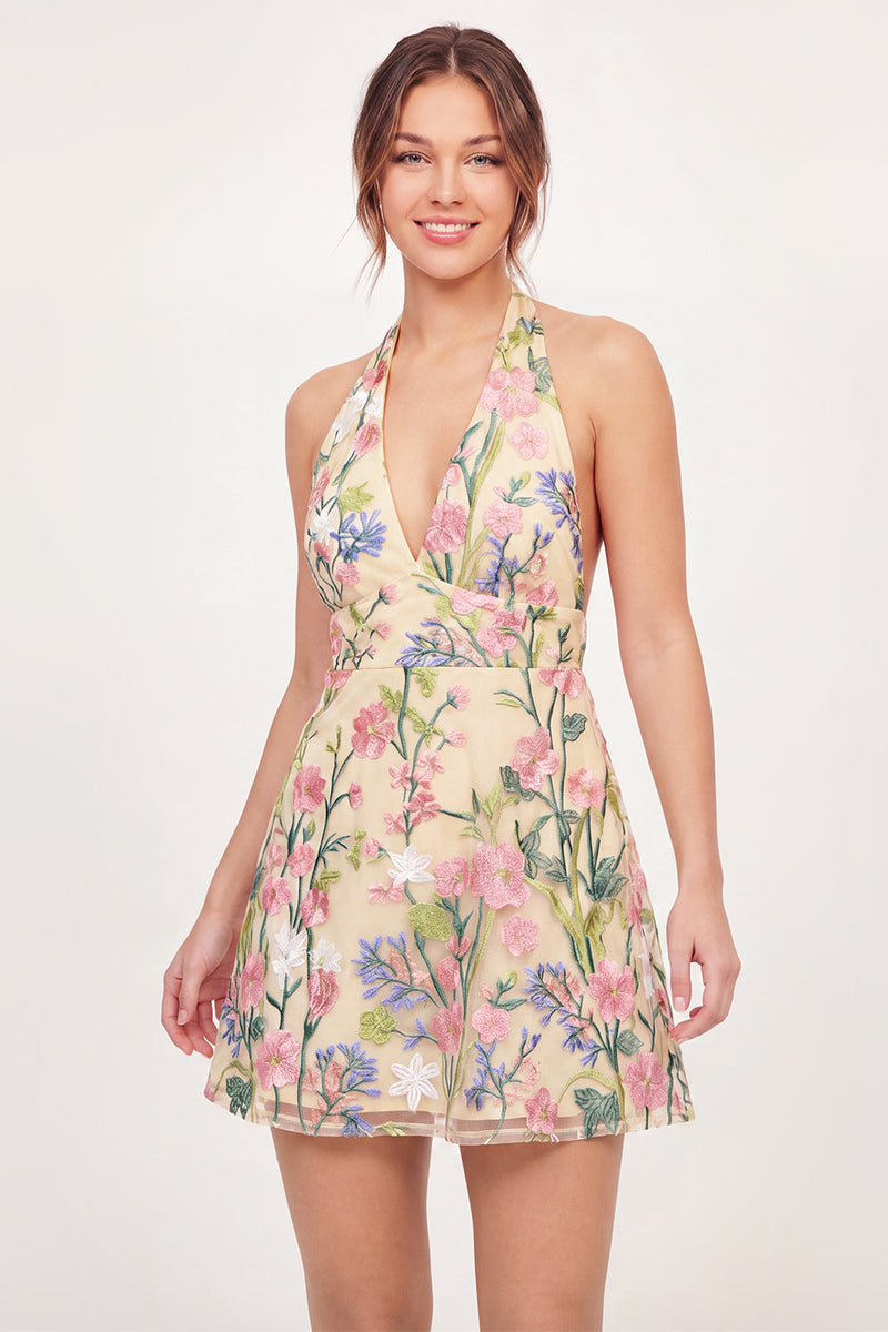 Laden Sie das Bild in den Galerie-Viewer, Tüll-Blumen A-Linie besticktes Neckholder-Neckholder-Kleid mit gelbem Mini-Homecoming-Kleid