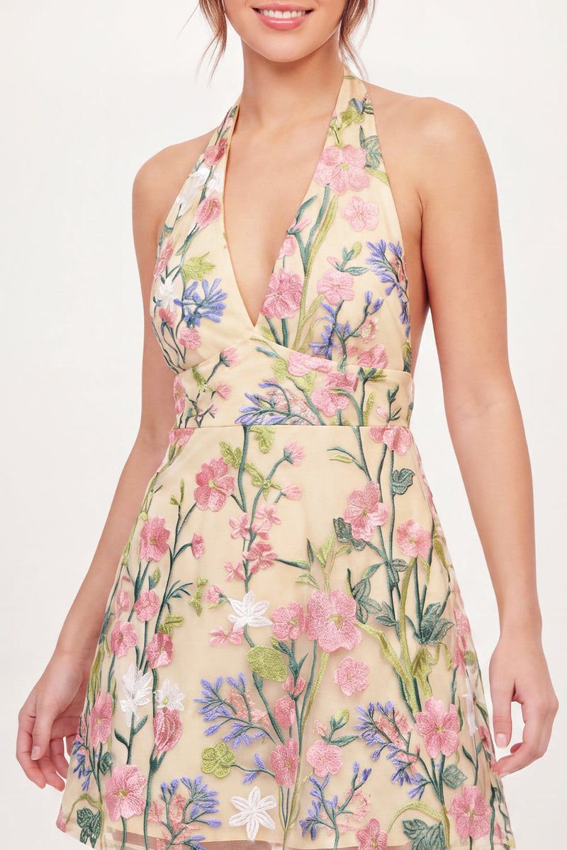 Laden Sie das Bild in den Galerie-Viewer, Tüll-Blumen A-Linie besticktes Neckholder-Neckholder-Kleid mit gelbem Mini-Homecoming-Kleid
