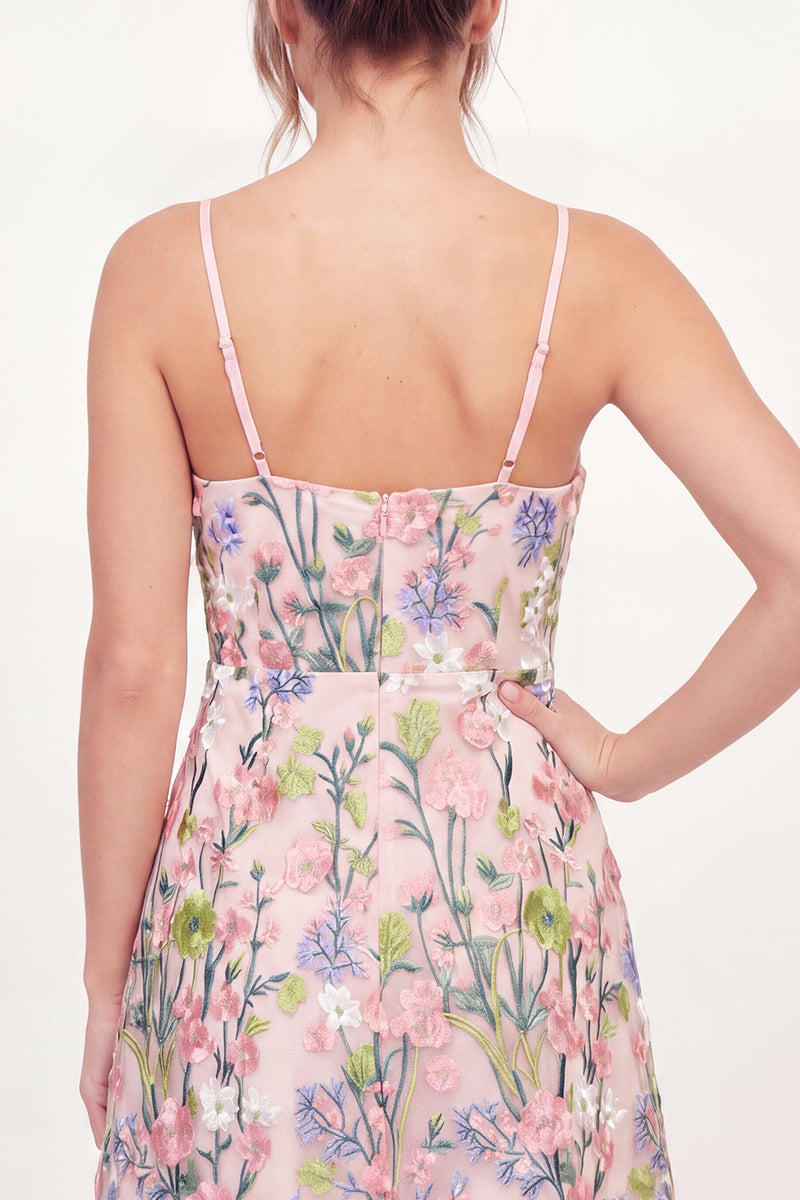 Laden Sie das Bild in den Galerie-Viewer, Tüll-Blumen-A-Linie besticktes rosa Mini-Homecoming-Kleid