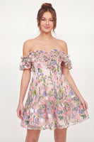 Laden Sie das Bild in den Galerie-Viewer, Tüll-ab-der-Schulter-Floral-A-Linie besticktes pinkes Mini-Abschlusskleid