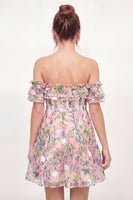 Laden Sie das Bild in den Galerie-Viewer, Tüll-ab-der-Schulter-Floral-A-Linie besticktes pinkes Mini-Abschlusskleid