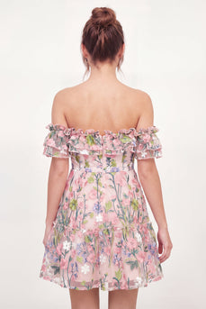 Tüll-ab-der-Schulter-Floral-A-Linie besticktes pinkes Mini-Abschlusskleid