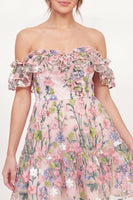 Laden Sie das Bild in den Galerie-Viewer, Tüll-ab-der-Schulter-Floral-A-Linie besticktes pinkes Mini-Abschlusskleid