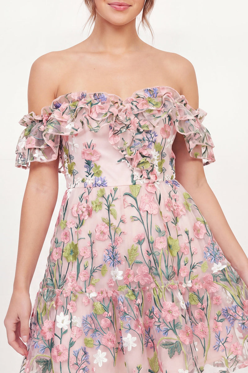 Laden Sie das Bild in den Galerie-Viewer, Tüll-ab-der-Schulter-Floral-A-Linie besticktes pinkes Mini-Abschlusskleid