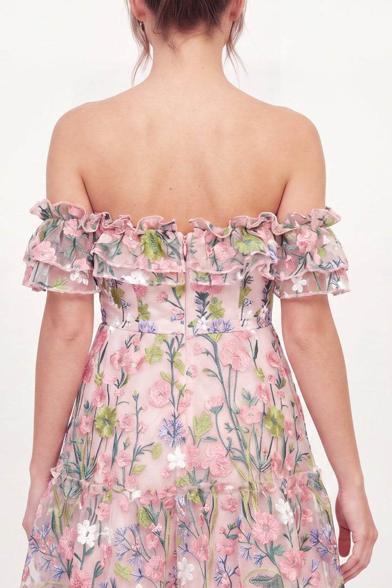 Laden Sie das Bild in den Galerie-Viewer, Tüll-ab-der-Schulter-Floral-A-Linie besticktes pinkes Mini-Abschlusskleid