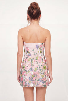 Tüll-trägerloses, florales Bodycon besticktes rosa Mini-Homecoming-Kleid