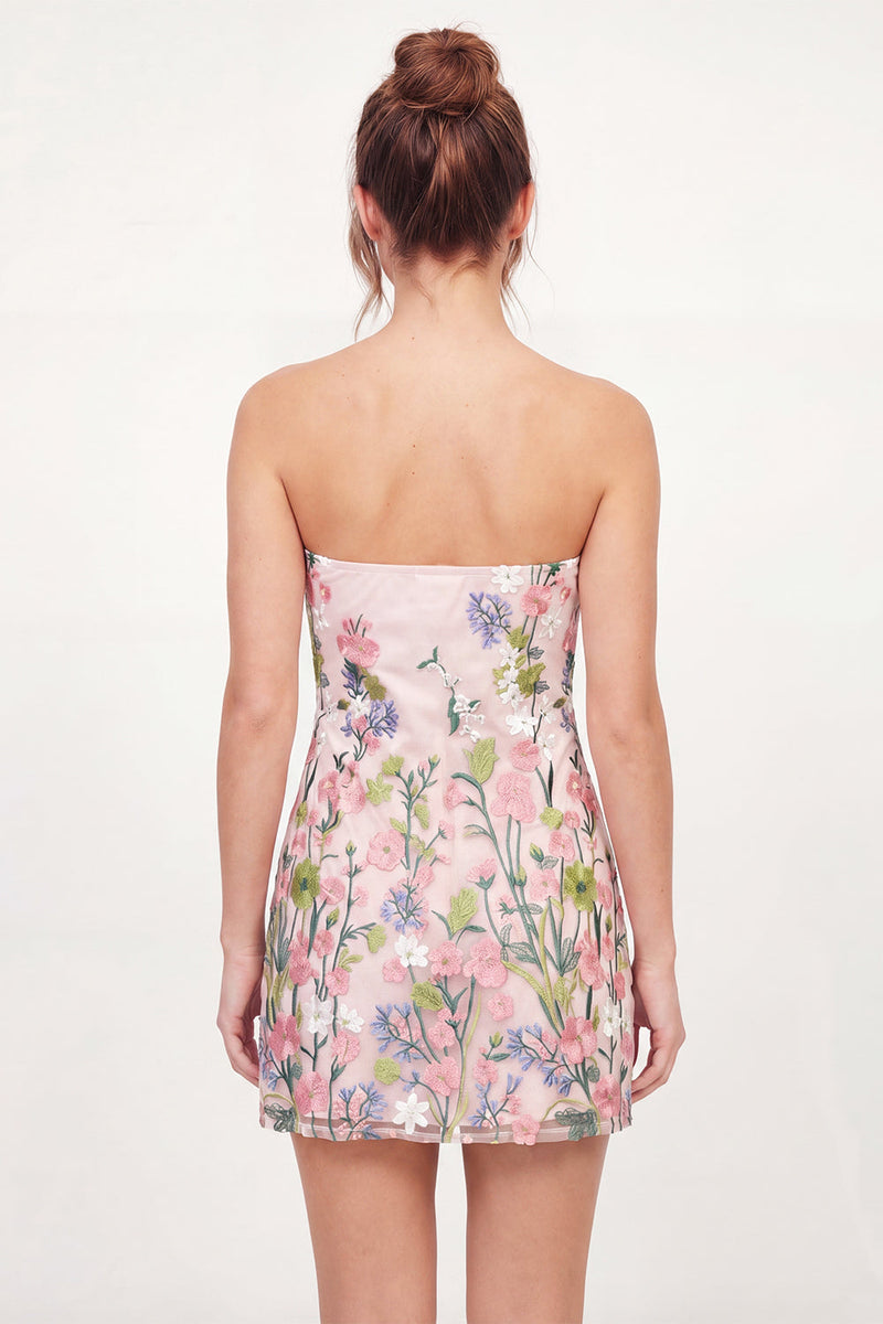 Laden Sie das Bild in den Galerie-Viewer, Tüll-trägerloses, florales Bodycon besticktes rosa Mini-Homecoming-Kleid
