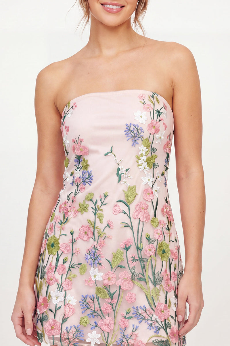 Laden Sie das Bild in den Galerie-Viewer, Tüll-trägerloses, florales Bodycon besticktes rosa Mini-Homecoming-Kleid