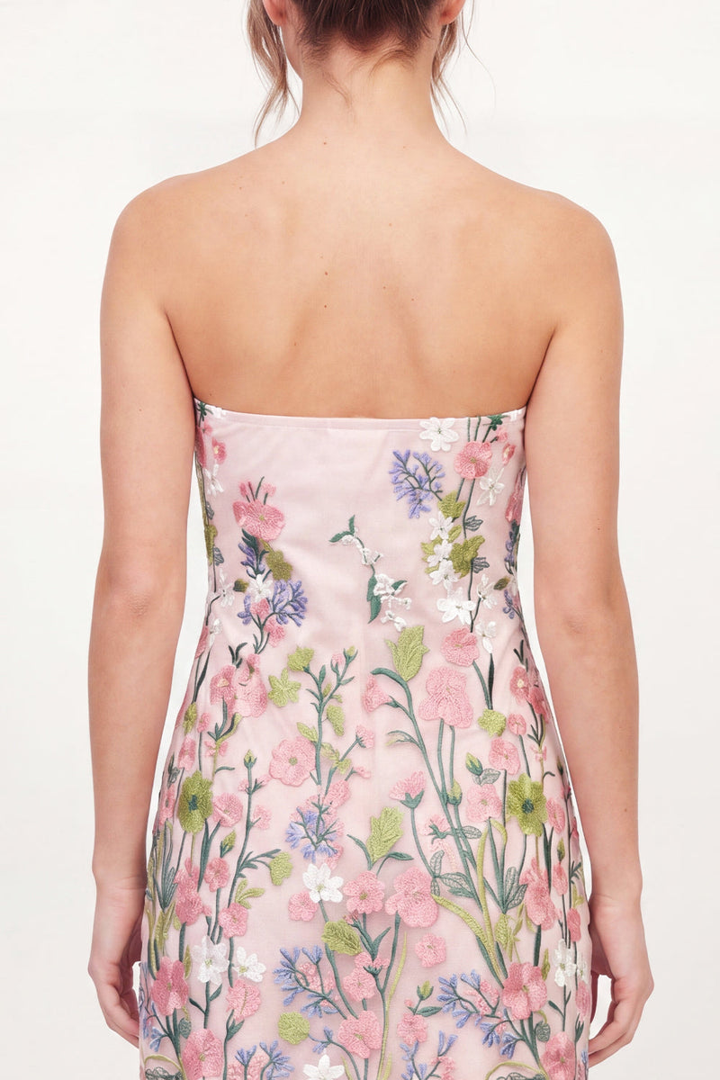 Laden Sie das Bild in den Galerie-Viewer, Tüll-trägerloses, florales Bodycon besticktes rosa Mini-Homecoming-Kleid