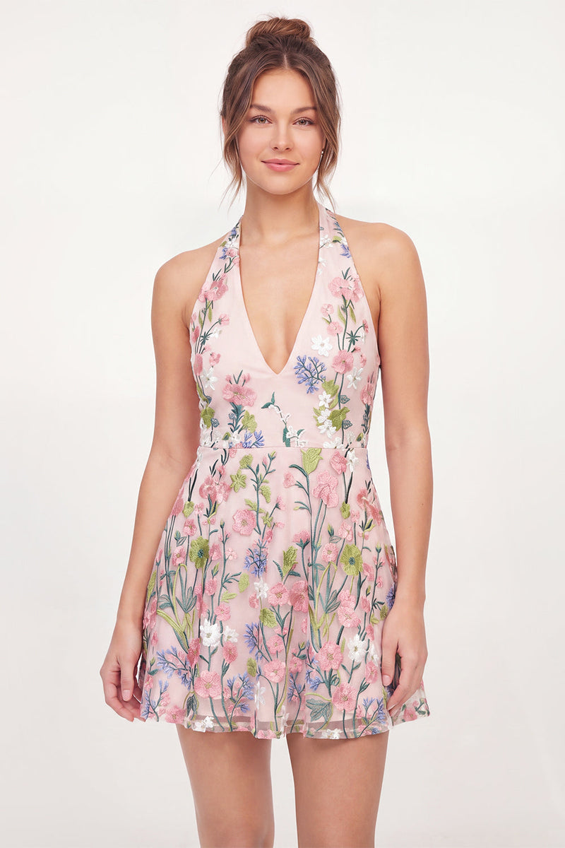 Laden Sie das Bild in den Galerie-Viewer, Tüll-A-Linie Neckholderhals Blumenbesticktes pinkes Mini-Abschlusskleid