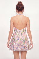 Laden Sie das Bild in den Galerie-Viewer, Tüll-A-Linie Neckholderhals Blumenbesticktes pinkes Mini-Abschlusskleid