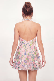 Tüll-A-Linie Neckholderhals Blumenbesticktes pinkes Mini-Abschlusskleid