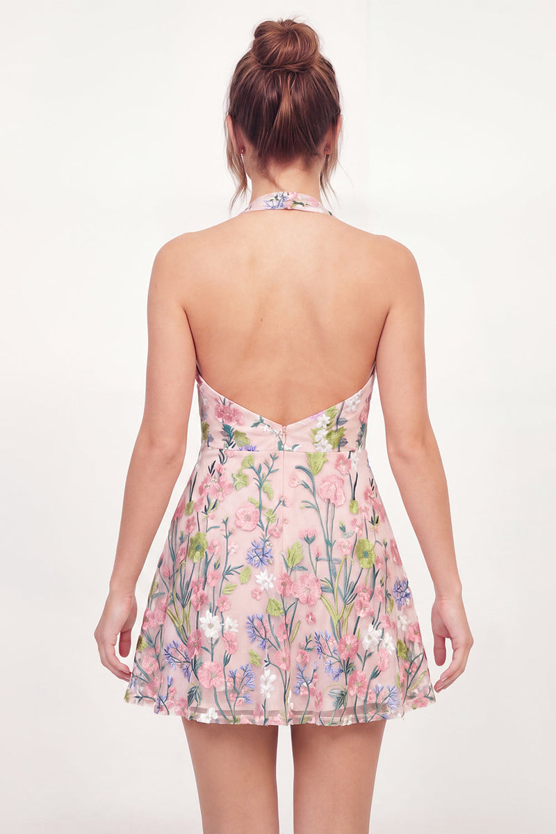 Laden Sie das Bild in den Galerie-Viewer, Tüll-A-Linie Neckholderhals Blumenbesticktes pinkes Mini-Abschlusskleid