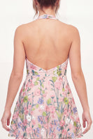 Laden Sie das Bild in den Galerie-Viewer, Tüll-A-Linie Neckholderhals Blumenbesticktes pinkes Mini-Abschlusskleid