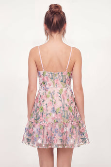 Blumiges Tüll-A-Linien-besticktes pinkes Mini-Homecoming-Kleid