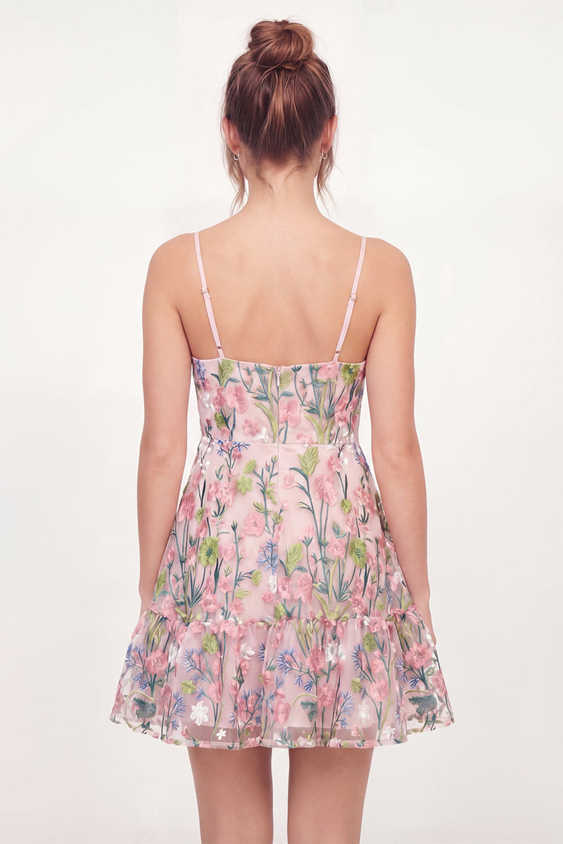 Laden Sie das Bild in den Galerie-Viewer, Blumiges Tüll-A-Linien-besticktes pinkes Mini-Homecoming-Kleid