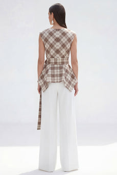 Brown Grid 2-teilige Bateau-Ausschnitt Damenanzüge