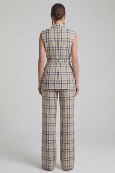 2-teilige graue Raster Peak Revers Doppelreihige Damenanzüge