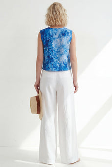 2-teilige, blau bedruckte, ärmellose Frauenanzüge mit Rundhalsausschnitt