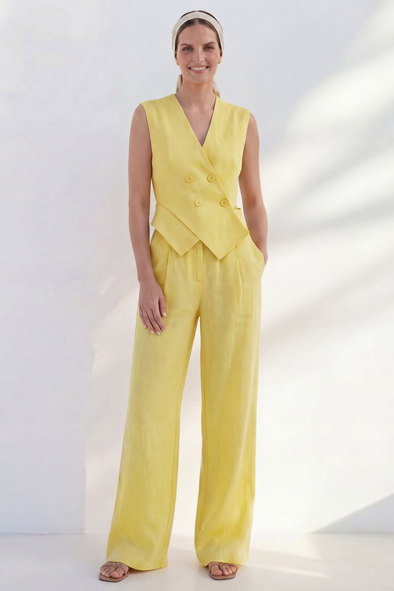 Laden Sie das Bild in den Galerie-Viewer, 2-teilige Yellow Butter Shawl Revers Doppelreihige Businessanzüge mit Taschen