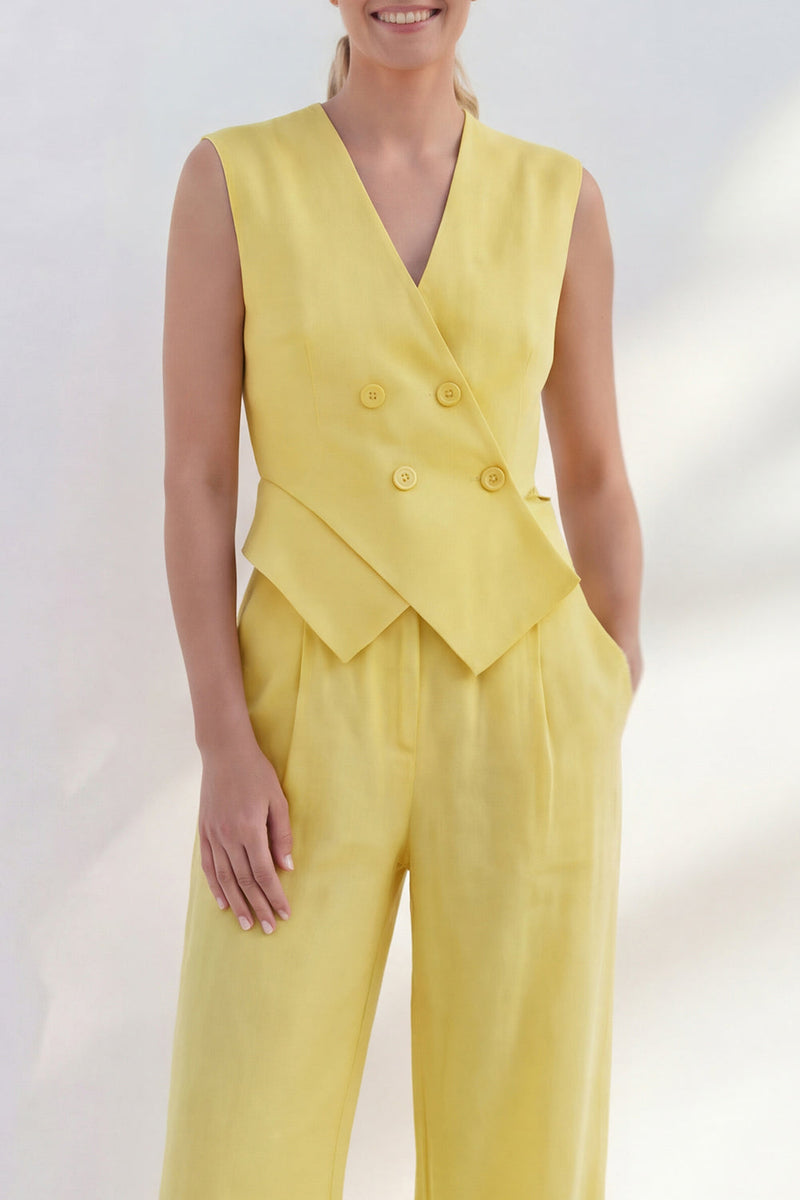 Laden Sie das Bild in den Galerie-Viewer, 2-teilige Yellow Butter Shawl Revers Doppelreihige Businessanzüge mit Taschen