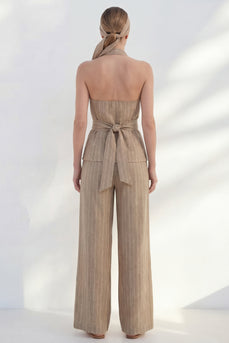 Khaki-Zweiteilige Halter-Streifen-Businessanzüge mit weiten Beinen und Gürtel