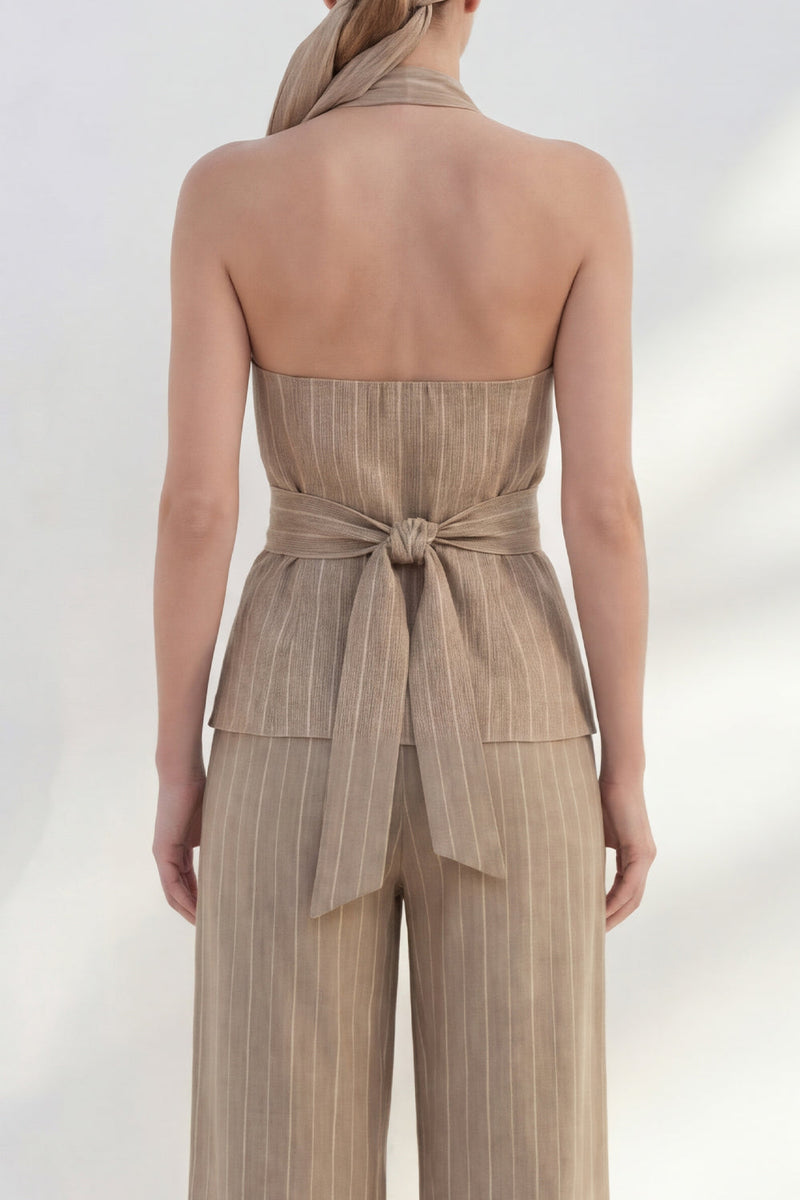 Laden Sie das Bild in den Galerie-Viewer, Khaki-Zweiteilige Halter-Streifen-Businessanzüge mit weiten Beinen und Gürtel