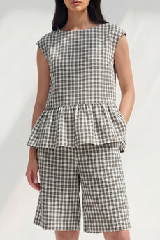 2-teilige schwarz-weiße karierte Bootsausschnitt-Anzüge mit Rüschen