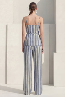 Dusty Blue Stripe Spaghetti-Träger einreihiger Frauenanzug mit Gürtel
