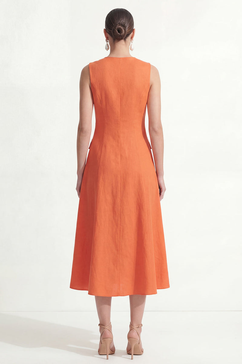 Laden Sie das Bild in den Galerie-Viewer, Orangefarbenes A-Linien-V-Ausschnitt Midi-Satin-Arbeitskleid