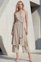 Laden Sie das Bild in den Galerie-Viewer, Khaki V-Ausschnitt Bodycon Midi-Schlitz Damenanzug mit Gürtel