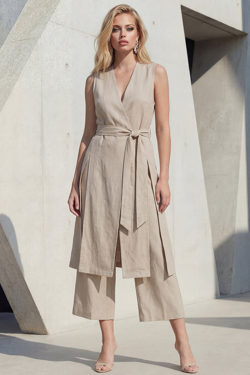 Laden Sie das Bild in den Galerie-Viewer, Khaki V-Ausschnitt Bodycon Midi-Schlitz Damenanzug mit Gürtel