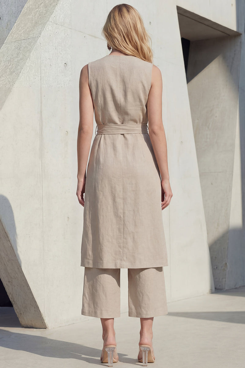 Laden Sie das Bild in den Galerie-Viewer, Khaki V-Ausschnitt Bodycon Midi-Schlitz Damenanzug mit Gürtel